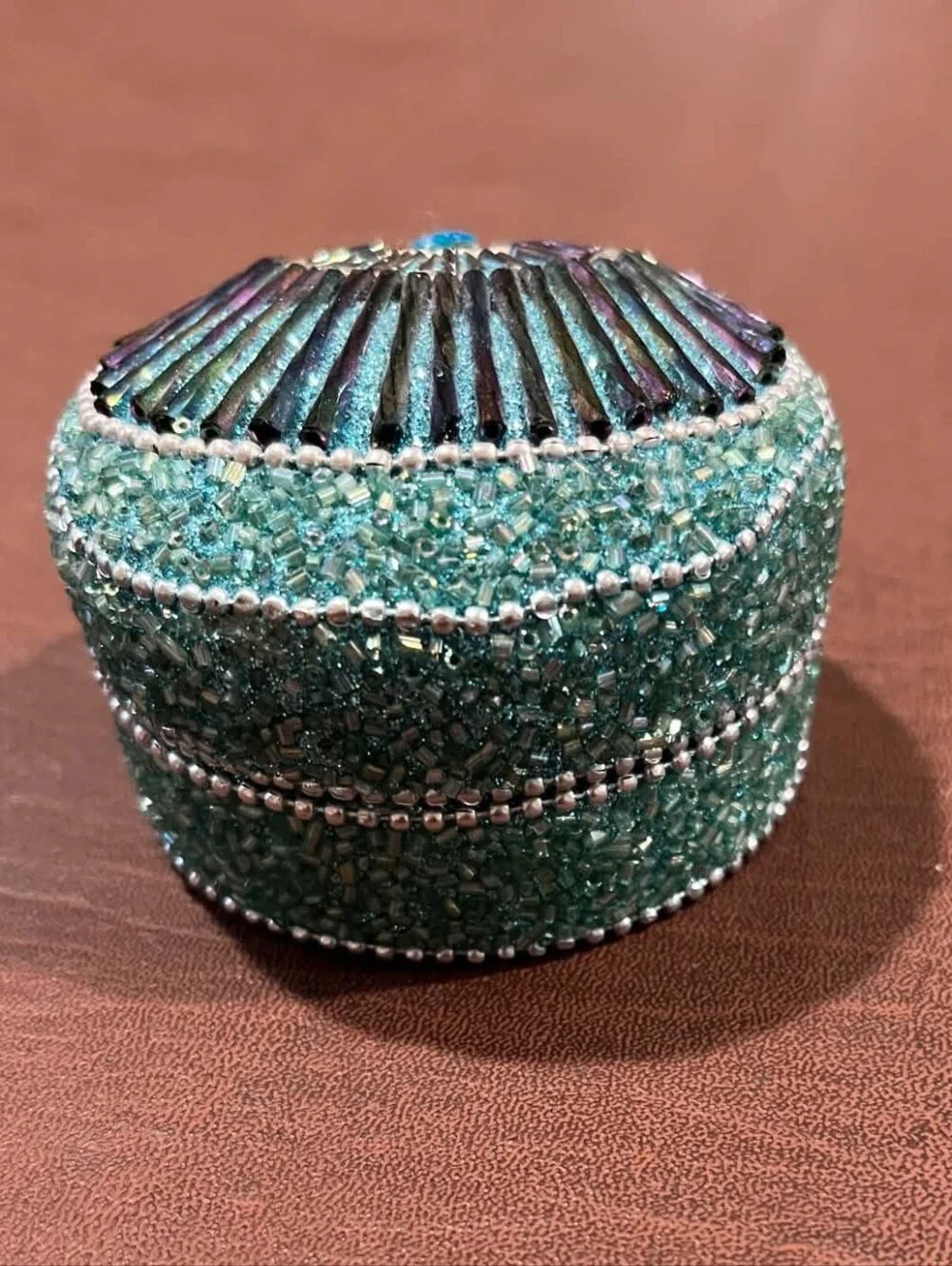 Sparkling Aqua Peacock Theme Beaded Bracelet Ring Jewelry Box Accent